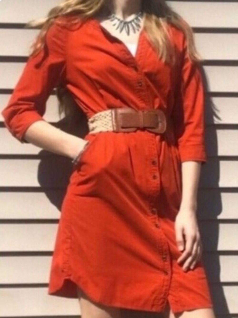 Anthropologie Maeve Anaheim Corduroy Shirt Dress Red Orange Button Front - Picture 2 of 8
